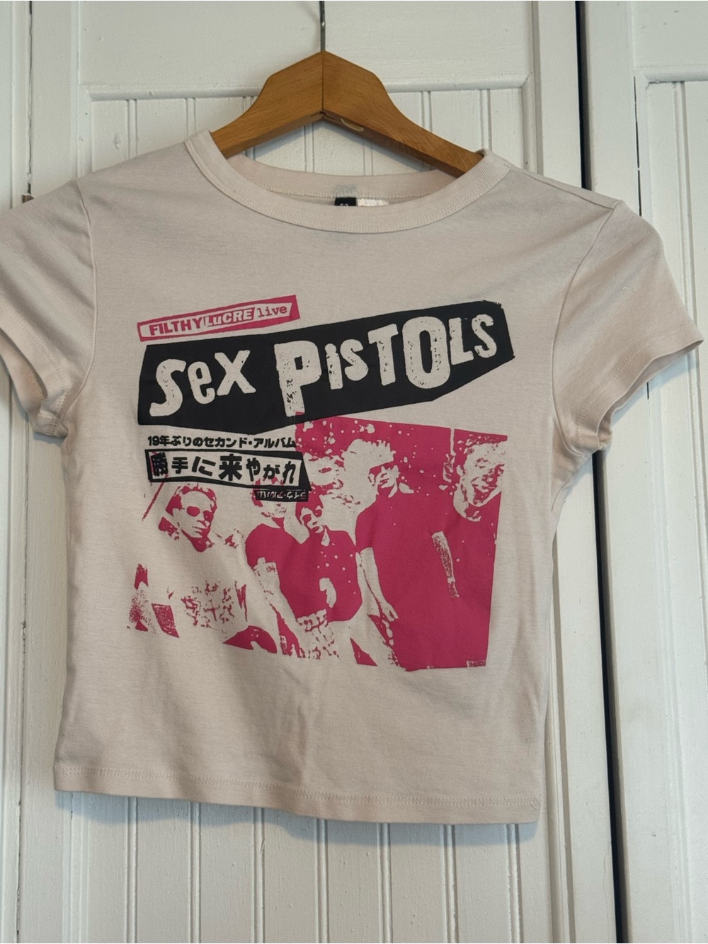 H&M White Crop Top with Pink & Black Sex Pistols Graphic